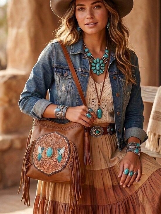 American Darling Handbags - American Darling Turquoise Hummingbird Spirit Fringe Crossbody